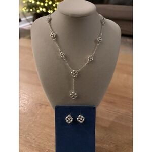 Avon Silver Tone Clover Motif "Y" Drop Necklace Adjustable W Earrings NIB